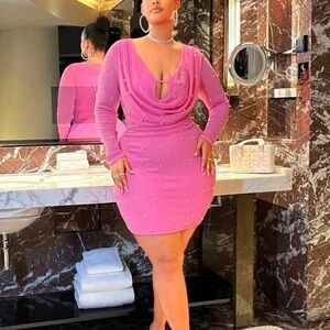 SHEIN SXY Plus Draped Collar Pearls Beaded Detail Draped Front Bodycon Dress